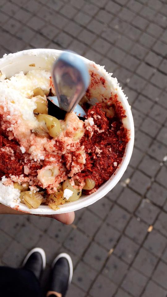 traditional Mexican street food of grilled corn, topped with traditional queso fresco, mayonnaise, and butter. You can give it an extra twist by adding lemon, chile, and chile powder