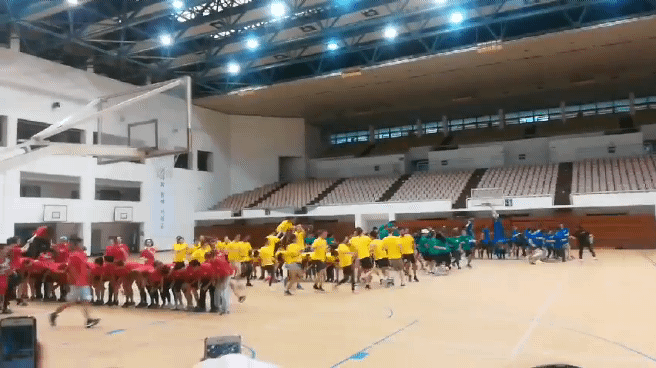 gif of colored teams competing in a gym
