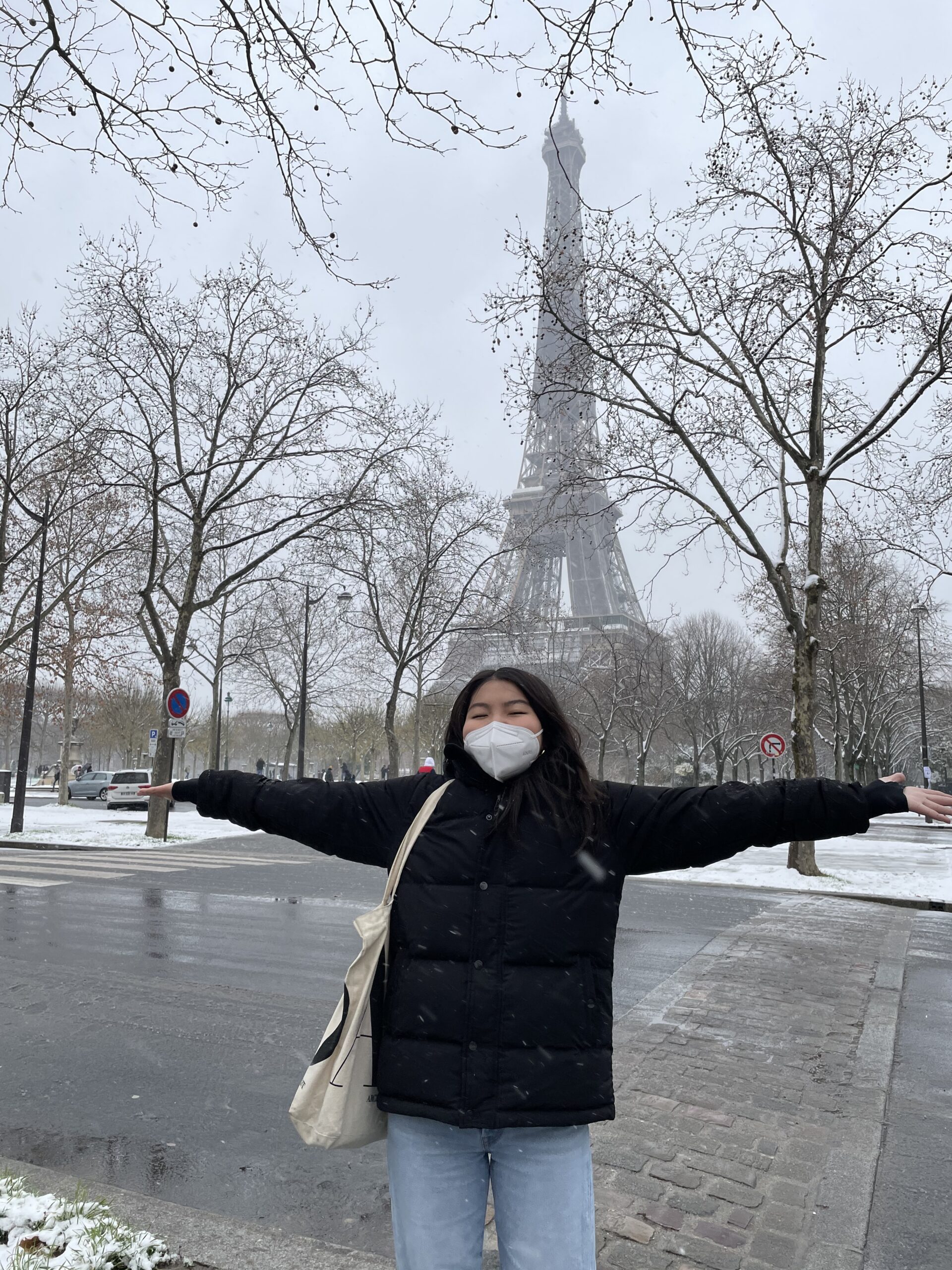 woman wearing face mask stands with outstretched arms near winter trees and eiffel tower during daytime