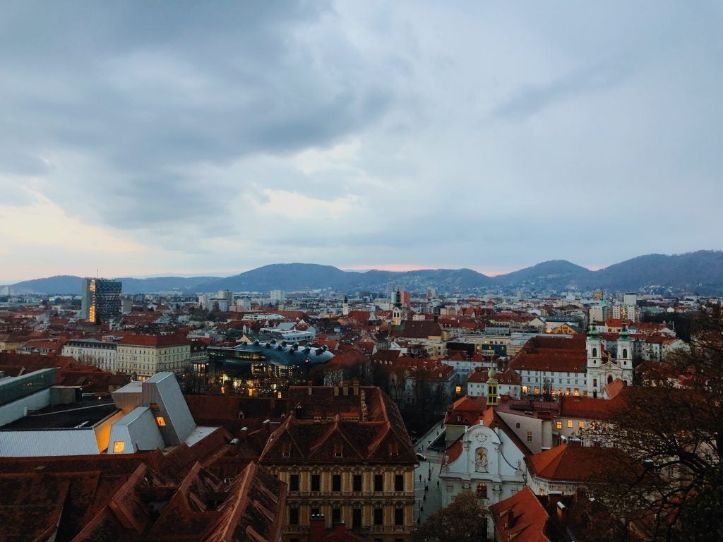 aerial view of city in evening under cloudy sky