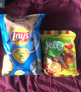 Roshen jelly candies and Lays chips from Ukrainian grocery store.