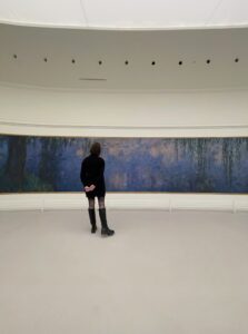Eliza stands in front of a display of Monet's Water lilies on a huge canvas that spans the entire wall of the room she's in.