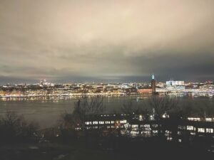 A view of Stockholm across the water at night