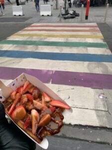 A street waffle above a rainbow crosswalk in Brussels