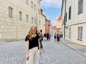 Katie Mulry on a street in Prague, Czechia