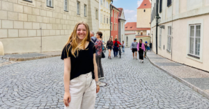 Katie Mulry on a street in Prague, Czechia