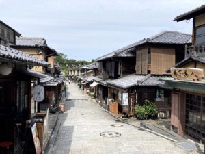 A traditional street in Kyoto lined with restaurants