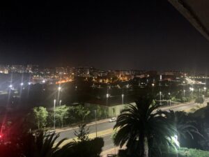 The view from Anthony's balcony in Santander, Spain, at nighttime