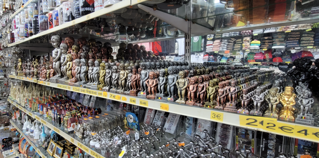 Statues of a boy peeing (the Mannekin Pis) are sold for two euros in a souvenir shop in Brussels, Belgium