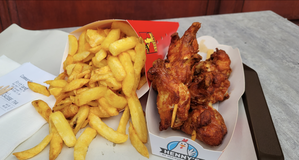 Fried chicken and fries from a fast food restaurant in Brussels, Belgium