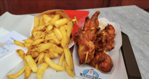 Fried chicken and fries from a fast food restaurant in Brussels, Belgium