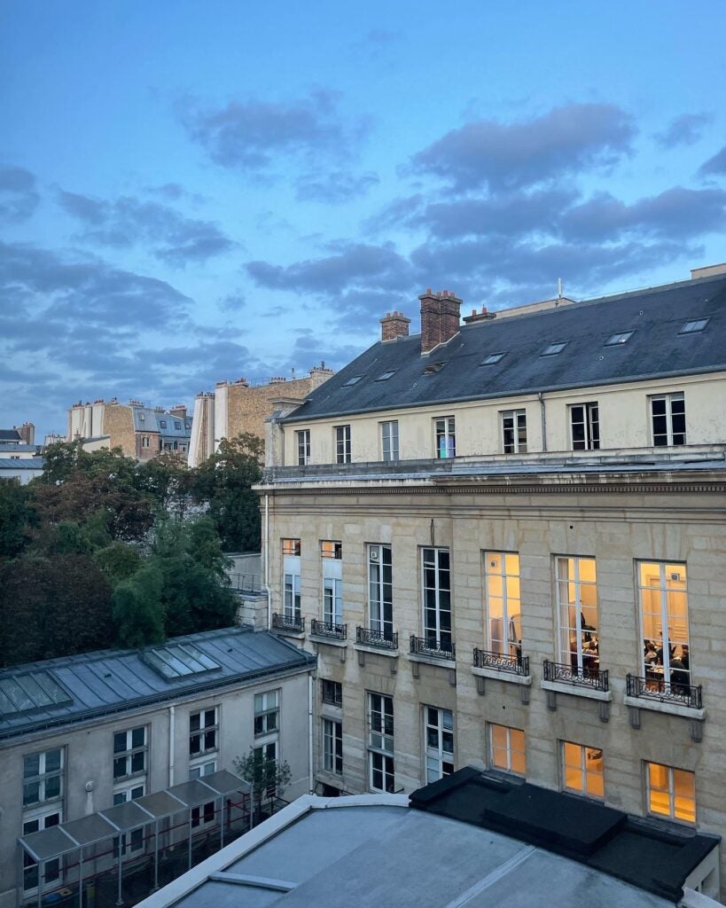 A street view of the Sciences Po buildings in the evening