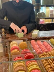 Colorful macarons on display at the Ladurée shop