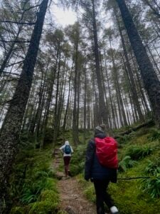 Ashley wears a bright, red backpack while hiking through a forest with tall trees