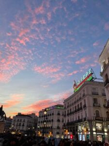 City building in Madrid, Spain at sunset