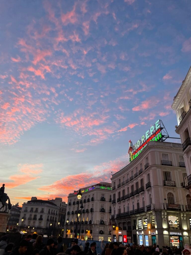 City building in Madrid, Spain at sunset