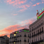 City building in Madrid, Spain at sunset
