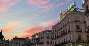 City building in Madrid, Spain at sunset