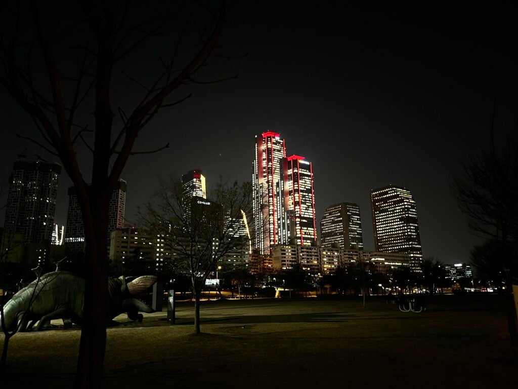 Cityscape of illuminated buildings at night