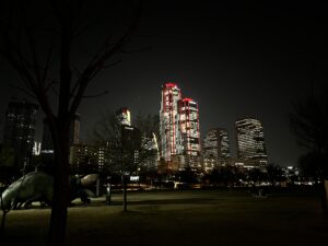 Cityscape of illuminated buildings at night
