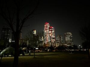 Cityscape of illuminated buildings at night