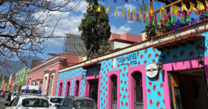 Bright building painted in blue and pink sits in the center of a neighborhood on a sunny day