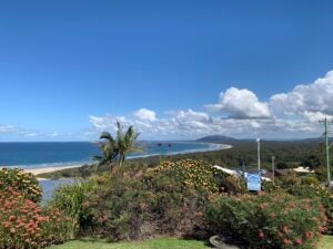 Partly cloudy skies on a blue, sunny day in Australia. A coastline is in the background as shrubs and greenery with pink, red, and yellow flowers are in the foreground.