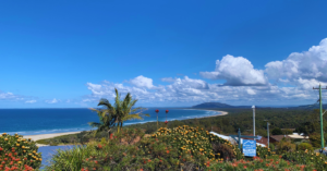 Partly cloudy skies on a blue, sunny day in Australia. A coastline is in the background as shrubs and greenery with pink, red, and yellow flowers are in the foreground.