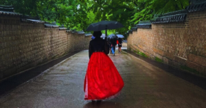 The back of a woman during their walk down a paved sidewalk with many trees lining the walkway. The woman wears a traditional Korean skirt and holds a black umbrella.