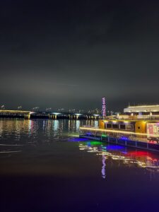 A dock is lit at night with red, green, and blue river lights. There are buildings in the background and a clear, dark grey sky overhead.