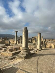 Scenic view of ancient Roman ruins in Volubilis, Morocco, featuring well-preserved stone structures set against a picturesque landscape.