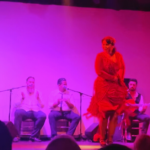 A flamenco show with a woman in red dances on stage against pink lights.