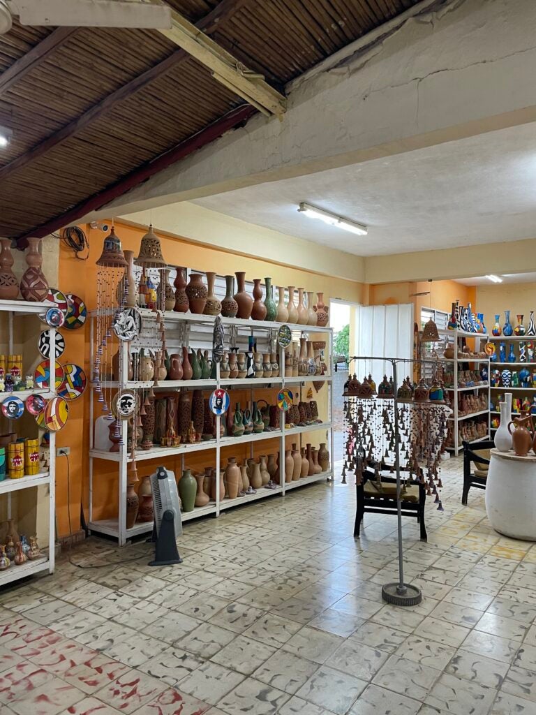 Several clay vases on racks on display.