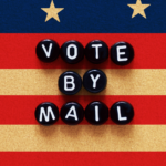 Black beads that spell out "vote by mail" behind an American flag.