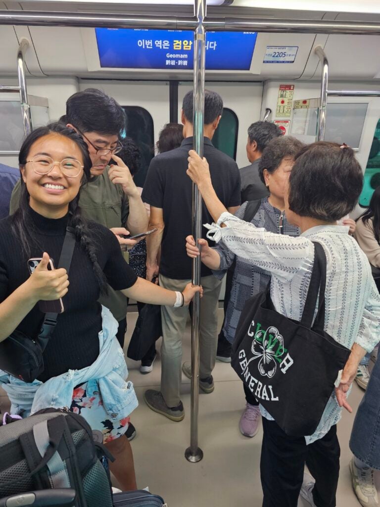 With my uncle on the subway from Incheon to Seoul 