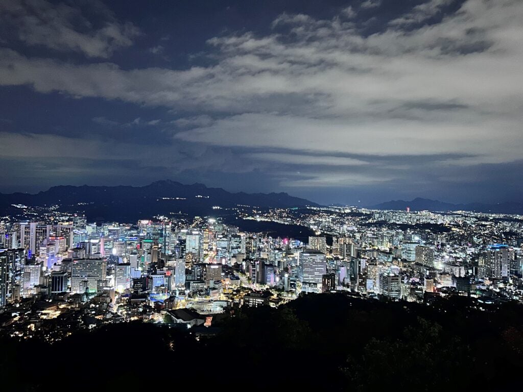 The view of the Seoul cityscape in the evening from Namsan Tower