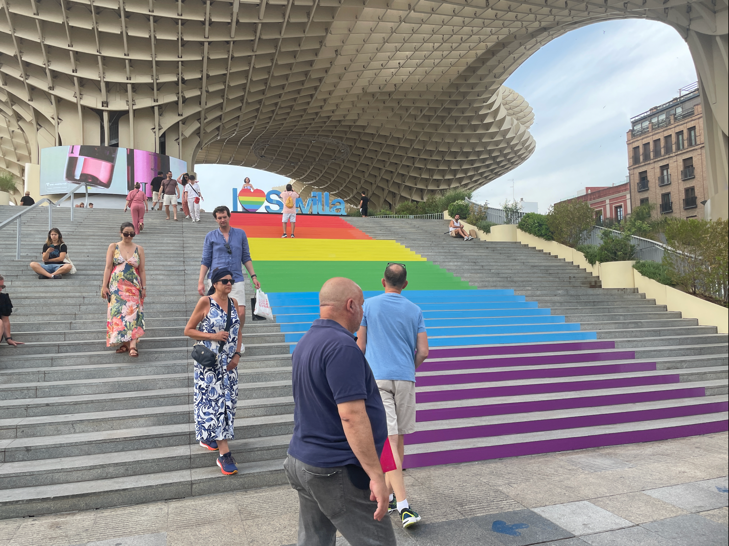 Stairs leading up to an “I love Seville” sign at the Plaza de Las Setas