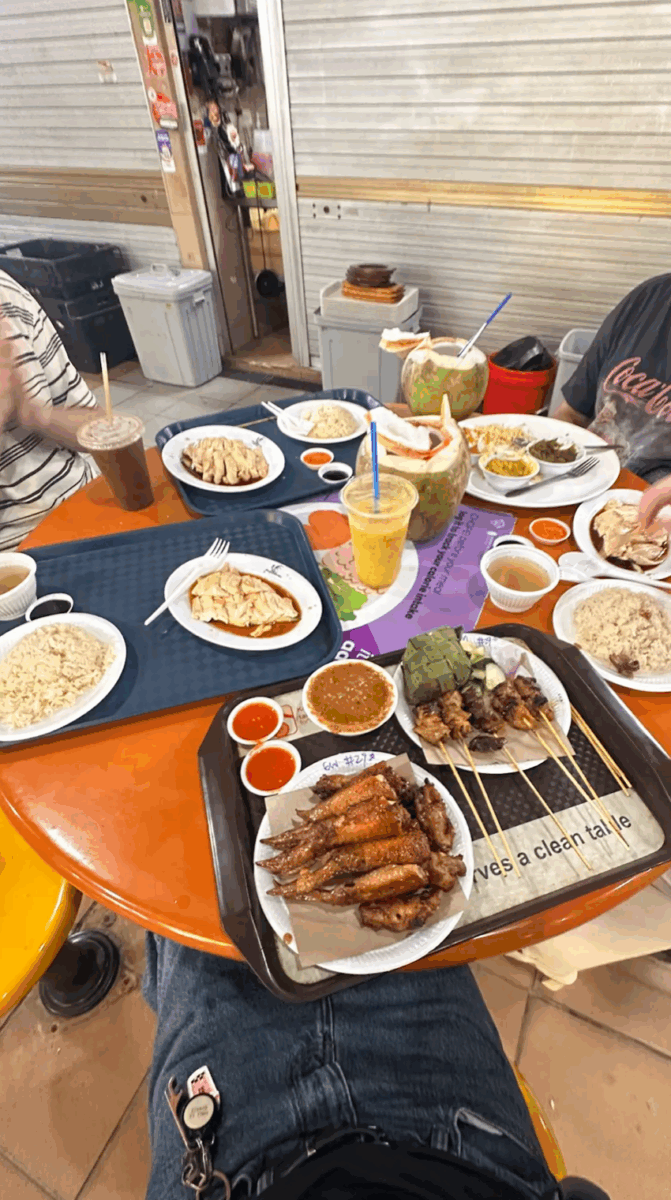 Chicken rice, satay, and coconut juice at Maxwell Hawker Centre