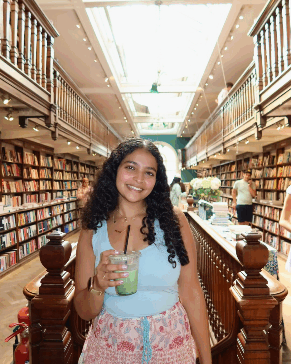 Matcha and books in a cozy London bookstore
