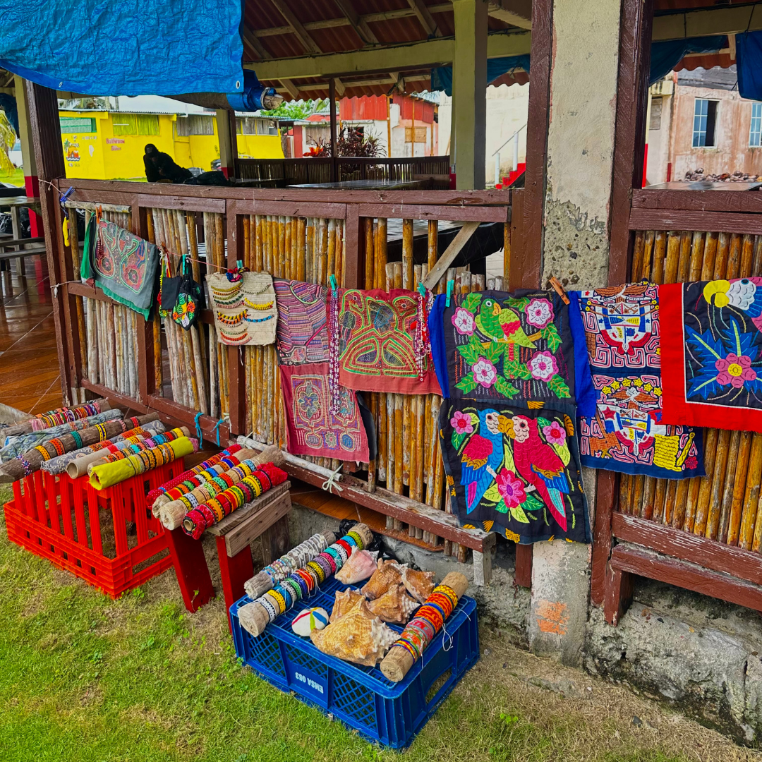 Colorful and intricate hand-stitched traditional Panamanian textile panels known as Molas, are on display
