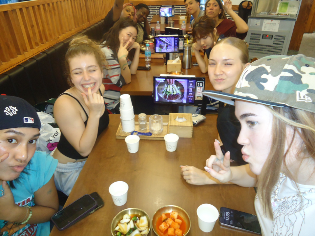 Laila and friends at a restaurant 