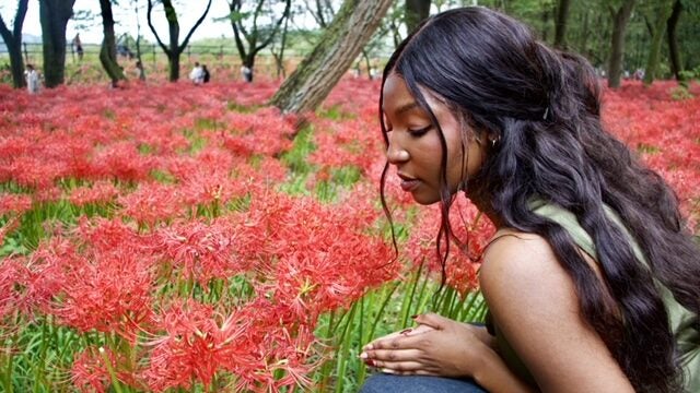 Prescilla at a flower field 