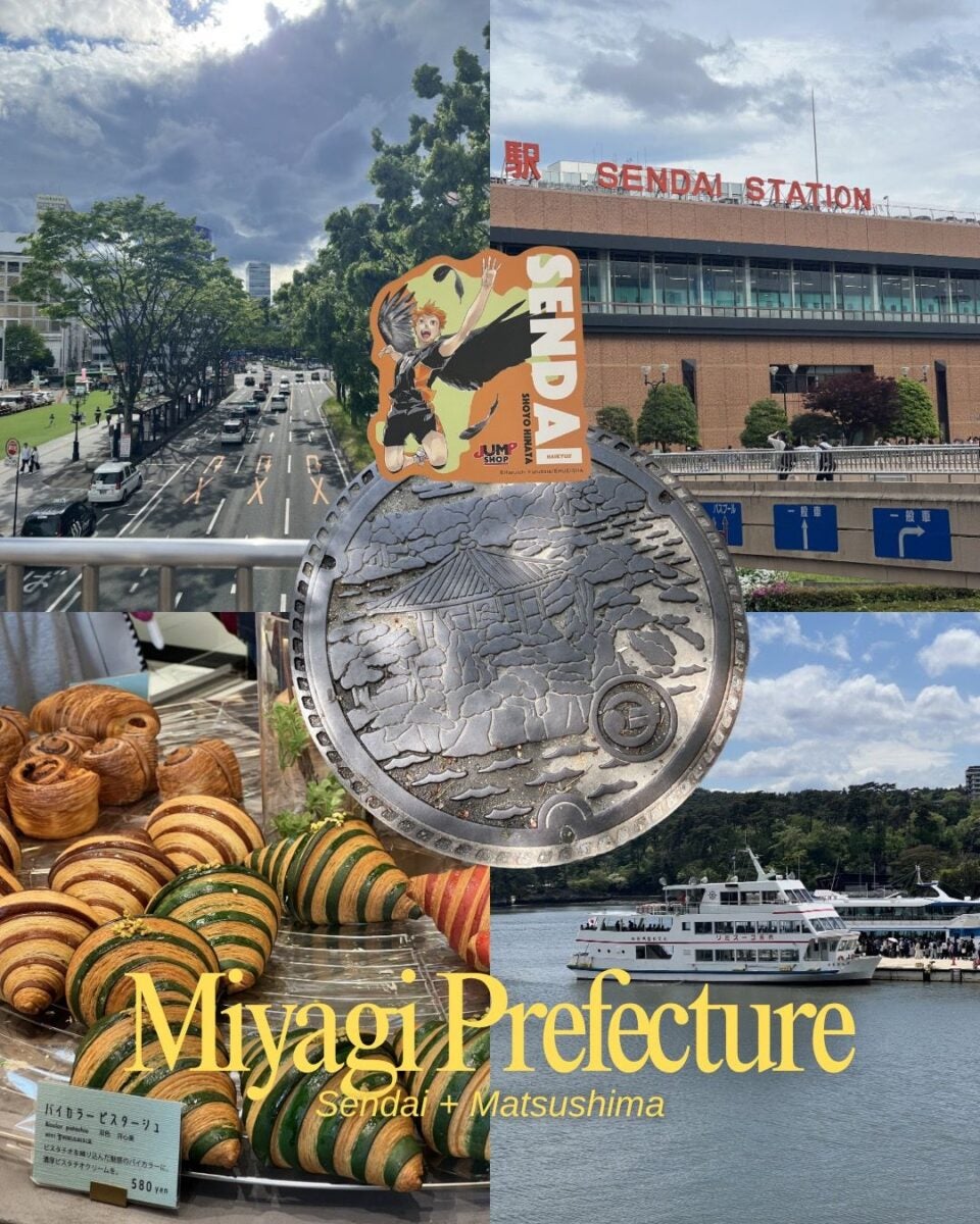 Collage showcasing Miyagi Prefecture: Sendai's bustling street, iconic station, artistic manhole cover, colorful pastries, and scenic Matsushima bay with boats.
