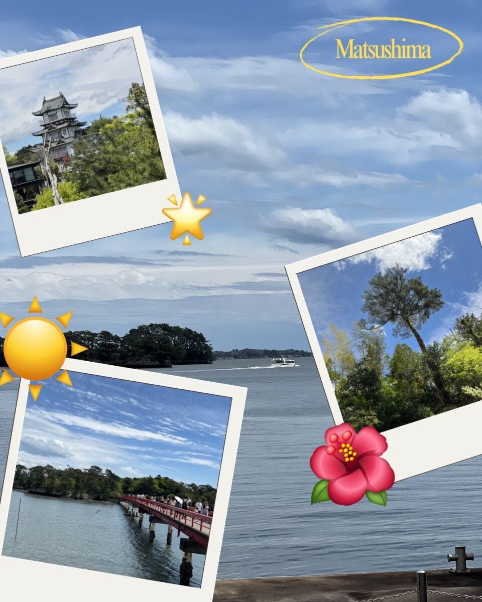 Collage of Matsushima's scenic views: a serene sea, lush trees, traditional architecture, and a red bridge under a bright blue sky with emojis.