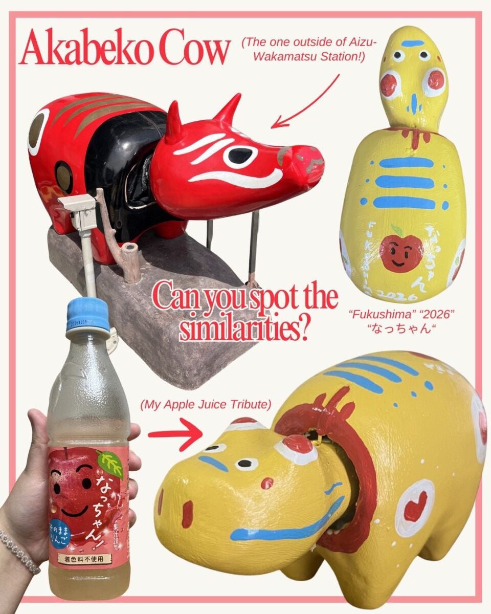 A collage featuring a red Akabeko cow statue outside Aizu-Wakamatsu Station, a yellow painted figure, and a hand holding apple juice with similar designs. Text reads, "Can you spot the similarities?" It highlights cultural art and fun comparisons.