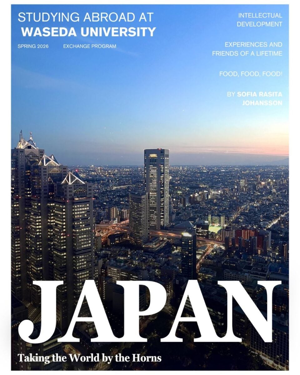 Cityscape of Tokyo at dusk, highlighting skyscrapers under a fading blue sky. Text promotes studying abroad at Waseda University and Japan's experiences.