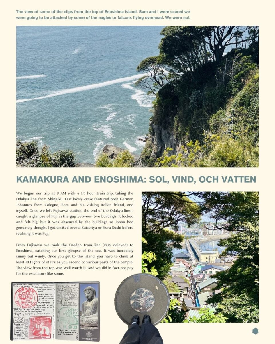 A scenic coastal view from Enoshima Island shows lush greenery atop rocky cliffs overlooking the ocean under a clear sky. The collage includes text about a trip and small images depicting cultural tickets and views from the climb. The mood is adventurous and tranquil.