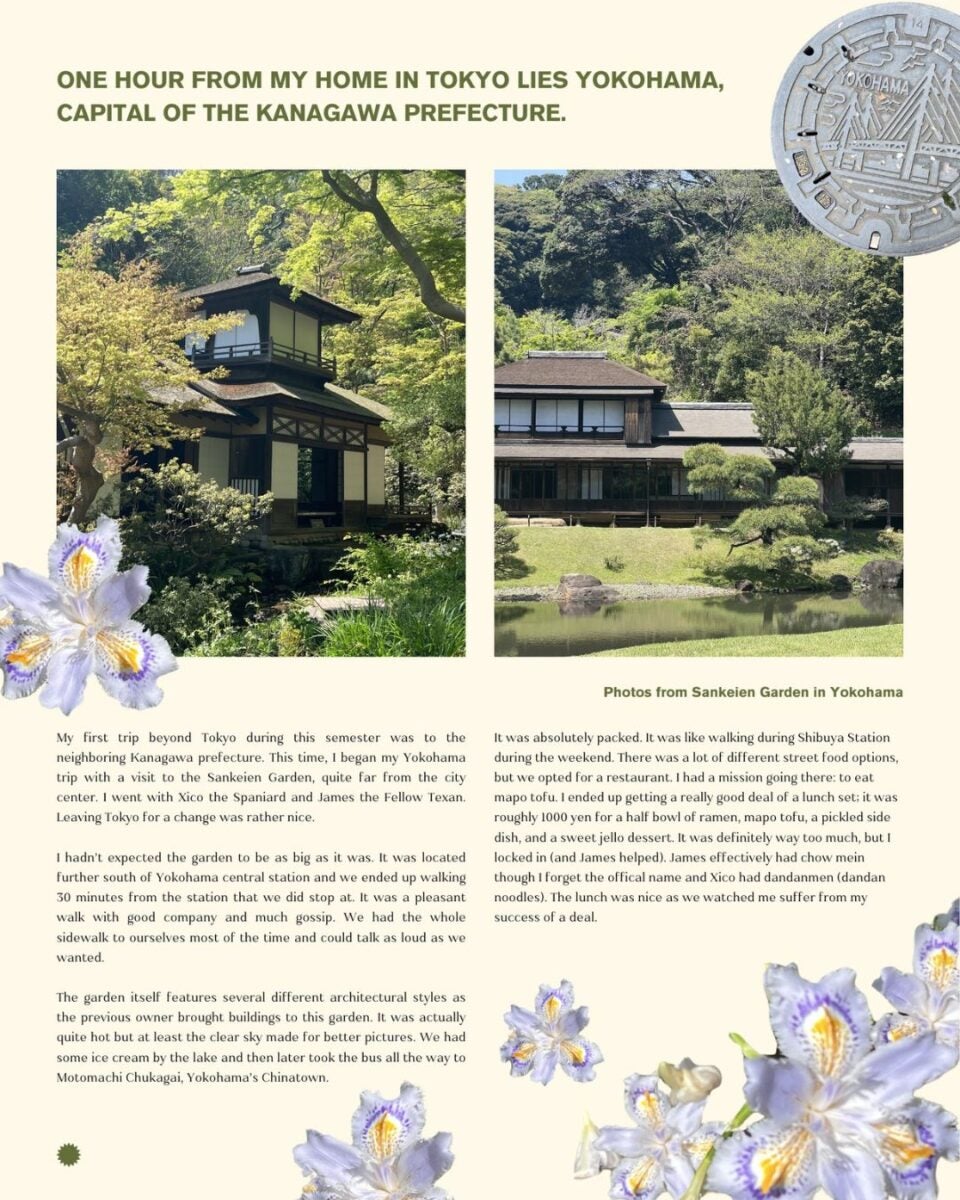 A travel journal page describes a visit to Sankeien Garden in Yokohama, featuring two photos of traditional Japanese architecture surrounded by vibrant greenery. The text narrates a scenic trip from Tokyo, highlighting cultural experiences and delicious food. Lavender flowers add decorative elements, with a tone of exploration and appreciation.