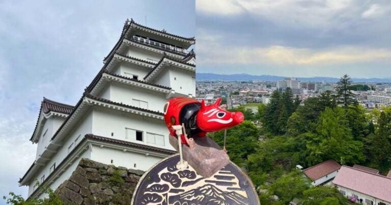 Split image: Left side shows a traditional Japanese castle with white walls and tiered rooftops, set against a cloudy sky. Right side features a Becco red cow ornament with a cityscape and lush greenery in the background.