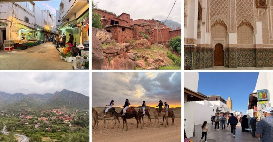 Narrow street with market stalls and people. Red clay buildings on a hillside. Ornate building facade with mosaics. Valley with a village and green hills. Camel riders at sunset. Busy street in a white-walled town.